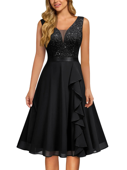 MISSMAY Womens Vintage V-Neck Sequin Formal Party A-Line Dress (Small Black) - RRITAAJSHOP