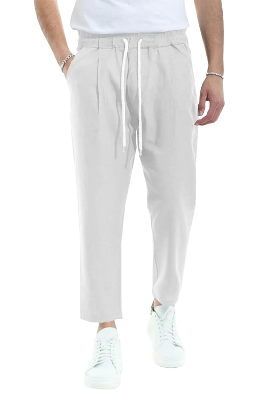 PASLTER Mens Linen Cotton Pants Casual Drawstring Elastic Waist Summer Beach Yoga Trousers White - RRITAAJSHOP