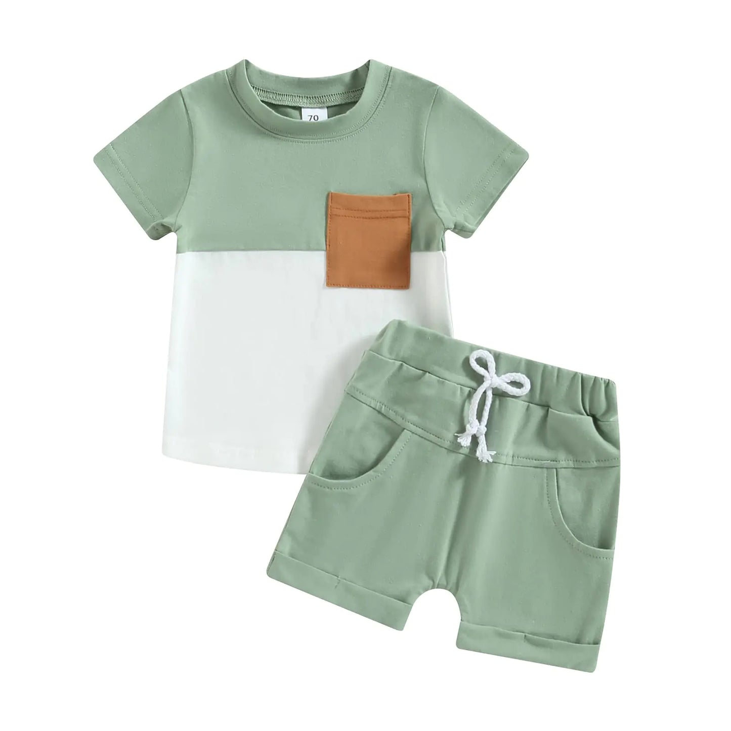 BOIBOKOKO Toddler Baby Boy Summer Clothes Contrast Color Short Sleeve Shirt Top Shorts Casual Baby Boy Shorts Set (Green 0-6 Months)