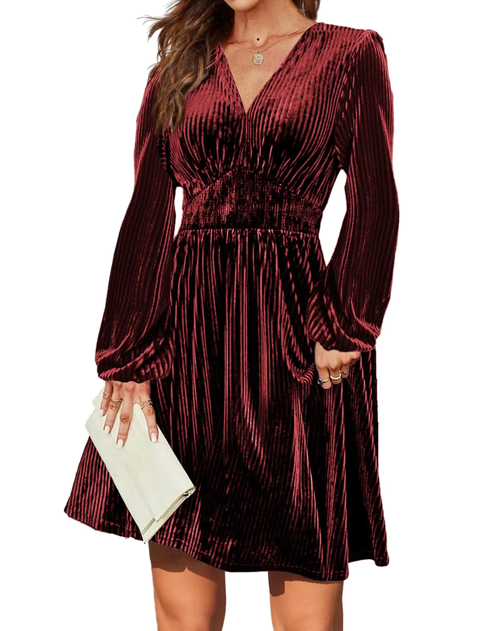 Zeagoo Velvet Wrap Dress for Women Sexy V-Neck Smocked Waist Mini Dress Party Cocktail Dress Wine RedLarge - RRITAAJSHOP