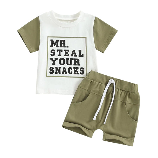 Toddler Baby Boy Summer Clothes Mr. Steal Your Snacks Short Sleeve T-Shirt Top Shorts 2Pcs Outfit (Army Green 12-18 Months)