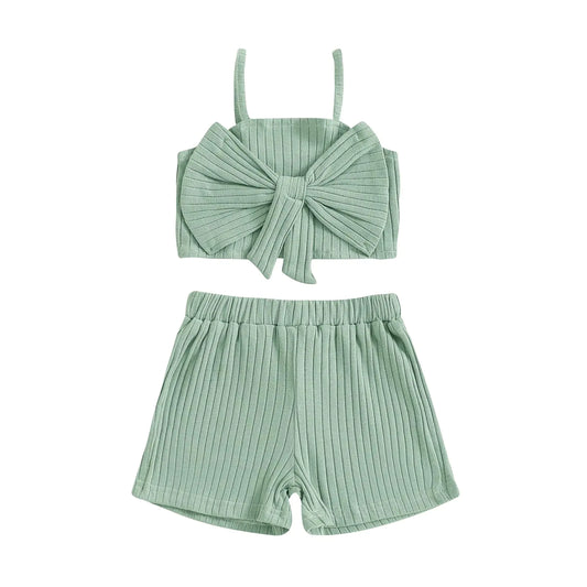 Kuriozud Summer Clothes for Toddler Baby Girl Cute Bow Sleeveless Tank Top and Shorts Set Ribbed 2 Piece Outfit (Ribbed Green 6-12 Months)