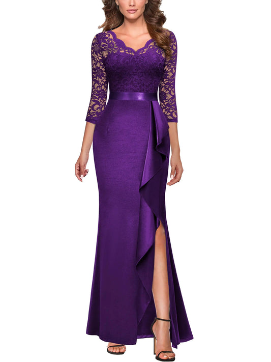 MISSMAY Womens Elegant Floral Lace V-Neck Formal Wedding Maxi Dress (Medium Purple) - RRITAAJSHOP