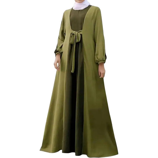 IBAKOM Abaya Dress for Women Self Tie Modest Muslim Clothes Eid Ramadan Prayer Jilbab Islamic A-line Turkish Robe Arabian Dubai Attire Burka Kaftan Maxi Dress Jalabiya Green Tie 2XL - RRITAAJSHOP