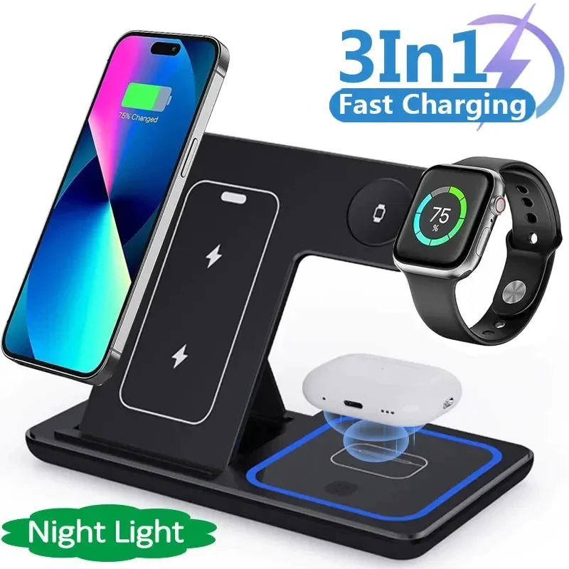 3 In 1 LED Fast Wireless Charger Stand Foldable Charging Station - RRITAAJSHOP