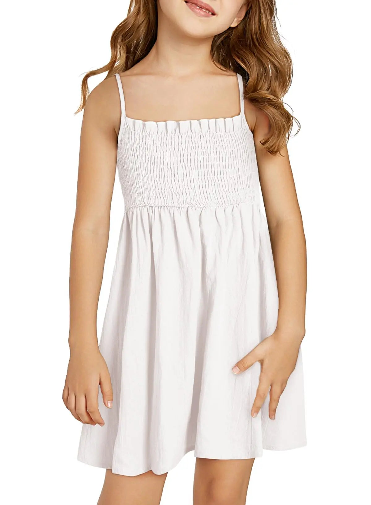 blibean Tween Girl Sundress Preteen Kids Summer Sun Dress Solid Spaghetti Strap Outfit Clothes Cold Shoulder Sleeveless Clothing Size 8-9 Year Old White